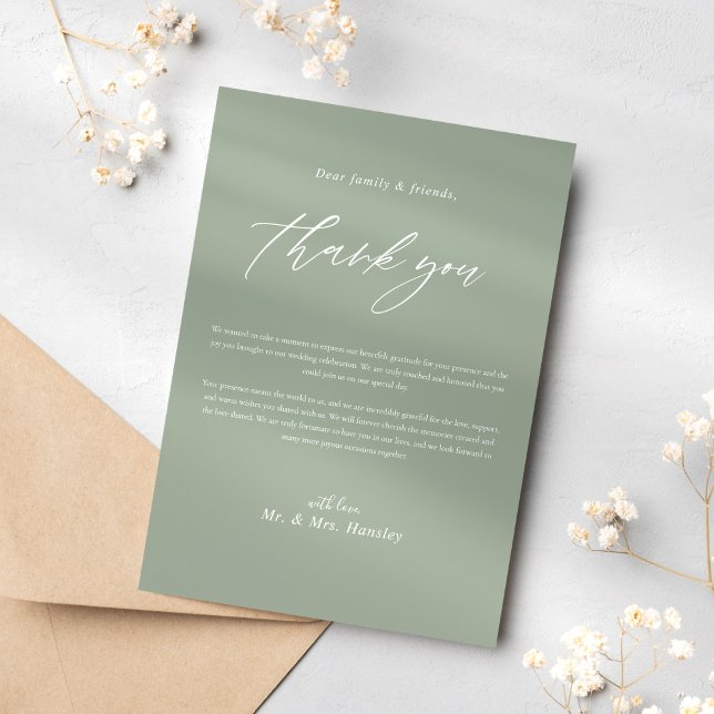 Sage Grönt Calligraphy Classic Elegant bröllop Tack Kort (Sage Green Calligraphy Classic Elegant Wedding Thank You Card)