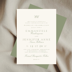 Sage Grönt Calligraphy Monogram Cream Bröllop Inbjudningar