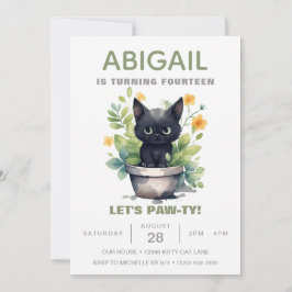 Sage Grönt Cat Houseplant Trendig Kitten Birthday Inbjudningar