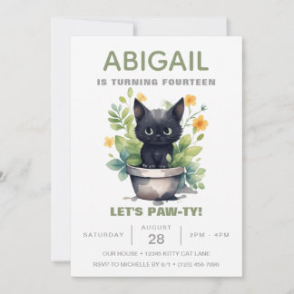 Sage Grönt Cat Houseplant Trendig Kitten Birthday Inbjudningar