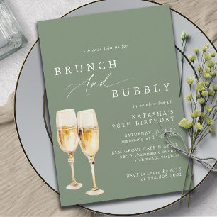 Sage Grönt Champagne Birthday Brunch & Bubly Inbjudningar
