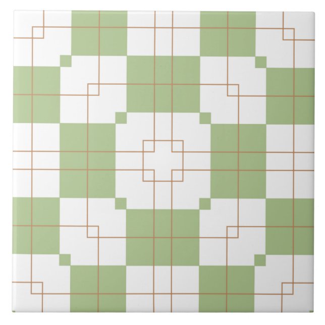 Sage Grönt Checkerboard Grid Mönster Kakelplatta (Framsidan)