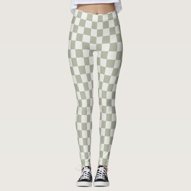 Sage Grönt Checkerboard Leggings - Earthy & Chic (Framsida)