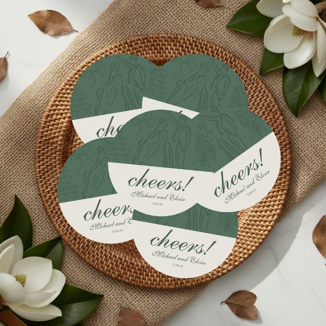Sage Grönt Cheers Elegant Personlig Bröllop Underlägg Papper Rund (Sage Green Hand Drawn Wedding Favor Round Paper Coaster)