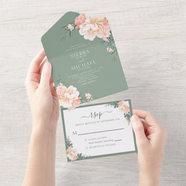 Sage Grönt Chic  Peach Blommigt Boho Bröllop (Avrivbar del)