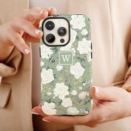 Sage Grönt Chinoiserie Bird Peony Garden Monogram