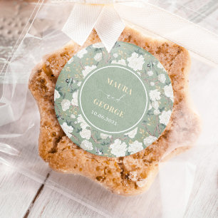 Sage Grönt Chinoiserie Blommigt Birds Bröllop Runt Klistermärke