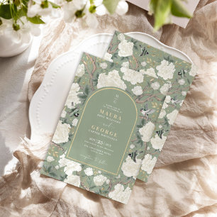 Sage Grönt Chinoiserie Blommigt Garden Wedding Inbjudningar
