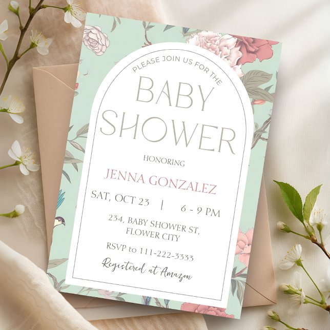 Sage Grönt Chinoiserie Botanical Baby Shower Inbjudningar (Sage Green Chinoiserie Botanical Baby Shower Invitation)