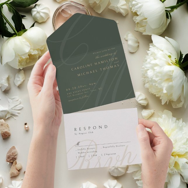 Sage Grönt Classic Elegance calligraphy monogram (Sage Green Classic Elegance calligraphy monogram All In One Invitation)