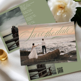 Sage Grönt Classic Elegant QR-kod Foto Bröllop Spara Datumet