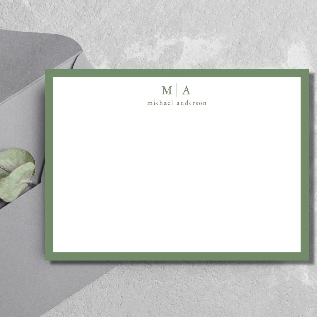 Sage Grönt Classic Gräns Monogram Correspondence Anteckningskort (Skapare uppladdad)
