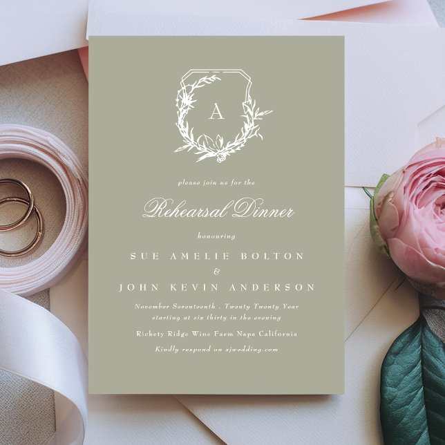 Sage grönt Classic monogram vapensköld Rehearsal M Inbjudningar (Skapare uppladdad)