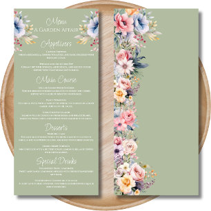 Sage Grönt Colorful Wildblommor Bröllop Menu Meny