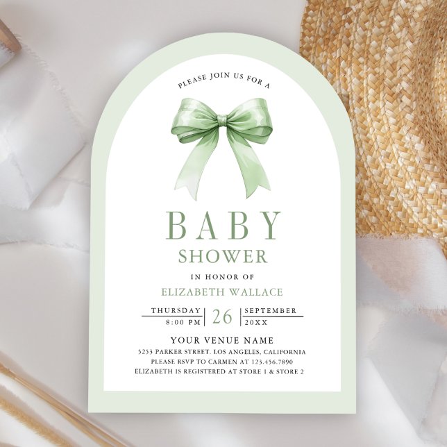 Sage Grönt Coquette Bow Arch QR Code Baby Shower Inbjudningar (Skapare uppladdad)