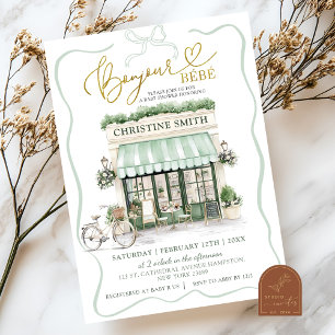 Sage Grönt Coquette Bow Parisian Cafe Baby Shower Inbjudningar