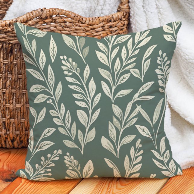 Sage Grönt Cream Löv Farmhouse Botanical Kudde (Sage Green Cream Leaves Farmhouse Botanical Throw Pillow)