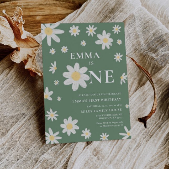 Sage Grönt Daisy 1:a födelsemeddelandeinbjudan 1:a Inbjudningar (Skapare uppladdad)