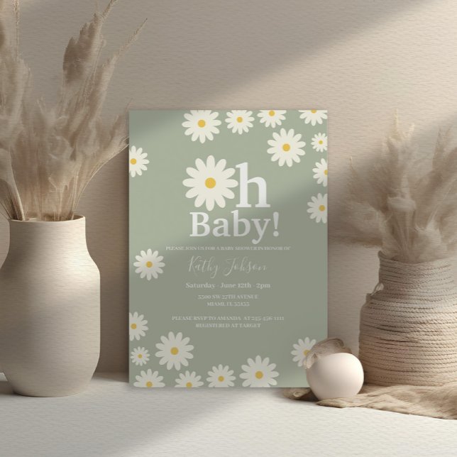 Sage Grönt Daisy Blommigt Bohemian Girl Baby Showe Inbjudningar (Skapare uppladdad)