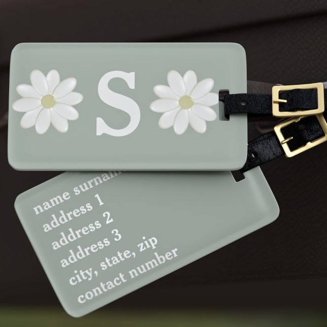 Sage Grönt Daisy Monogrammed resagemärkning Bagagebricka (Sage Green Daisy Monogrammed Luggage Tag just for you)