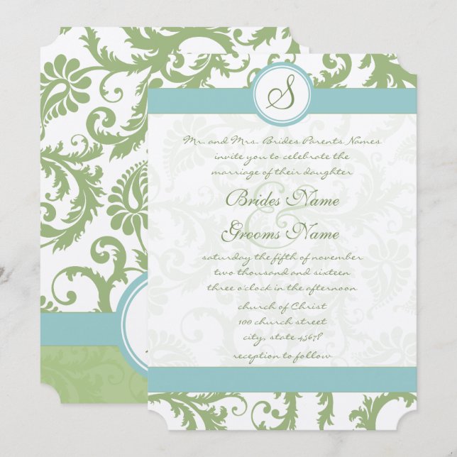 Sage Grönt Damask and Aqua Damask Wedding Inbjudan (Fram/baksida)