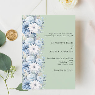 Sage grönt dammig blå blommigtar elegant bröllop inbjudningar