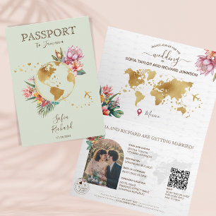 Sage Grönt Destinationsbröllop Passport QR-kod Inbjudan