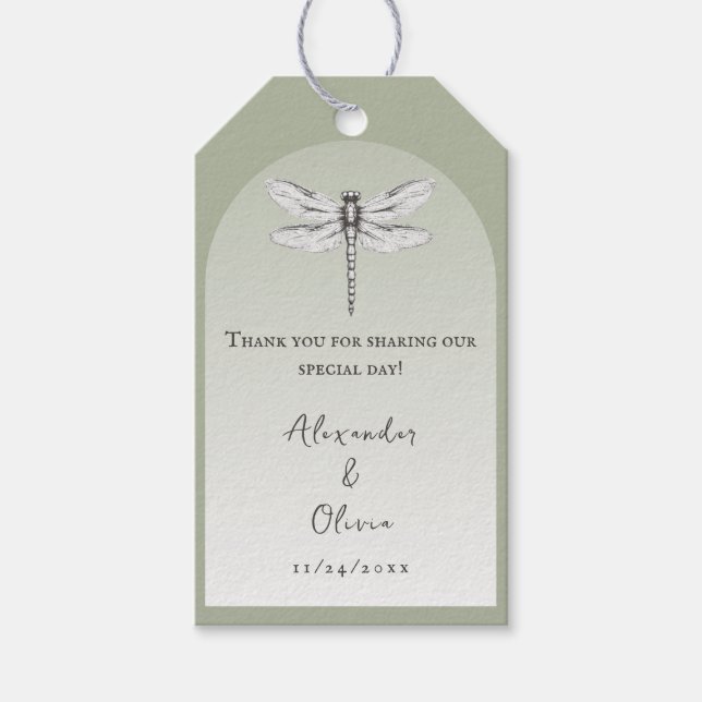 Sage Grönt Dragonfly Wedding Favor Presentetikett (Framsidan)