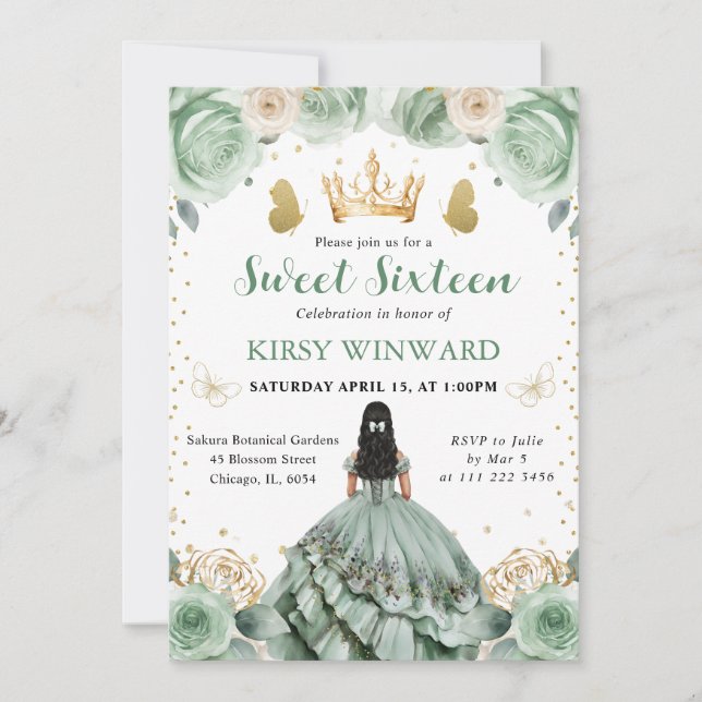Sage Grönt Dress Black Hair Princess Sweet 16 Inbjudningar (Framsida)