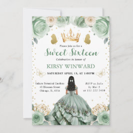Sage Grönt Dress Black Hair Princess Sweet 16 Inbjudningar