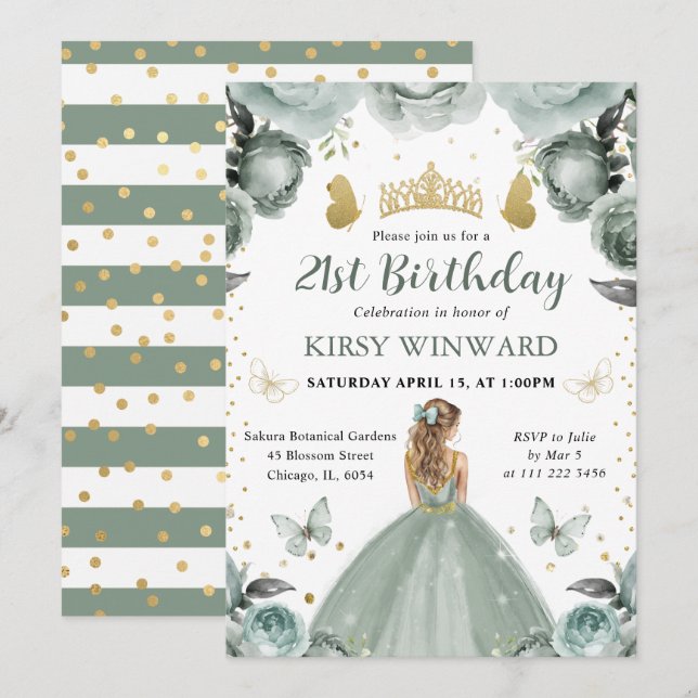 Sage Grönt Dress Blonde Princess Birthday Inbjudningar (Fram/baksida)