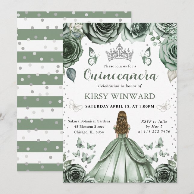 Sage Grönt Dress Blonde Princess Quinceanera Inbjudningar (Fram/baksida)