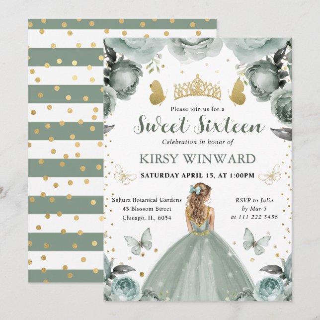 Sage Grönt Dress Blonde Princess Sweet 16 Inbjudningar (Fram/baksida)