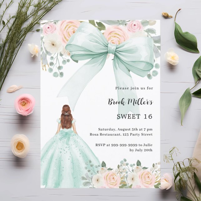 Sage grönt dress bow rosa blommigts Sweet 16 Inbjudningar (Skapare uppladdad)