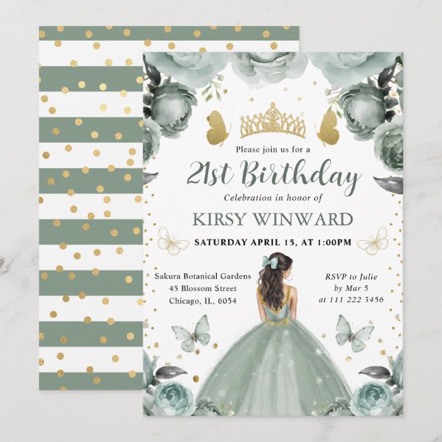 Sage Grönt Dress Brunette Princess Birthday Inbjudningar (Fram/baksida)