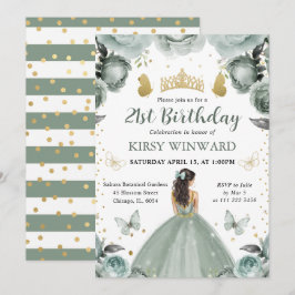 Sage Grönt Dress Brunette Princess Birthday Inbjudningar