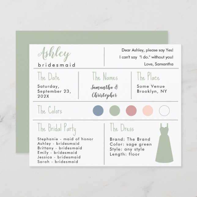 Sage Grönt Dress Färg Bridesmaid informationskort (Fram/baksida)