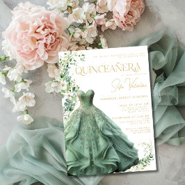 Sage Grönt Dress Gown Blommigt Princess Quinceañer Inbjudningar
