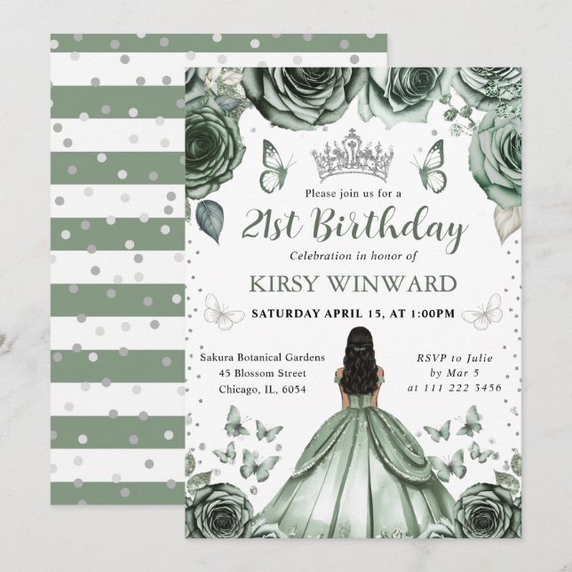 Sage Grönt Dress Mörk Skin Princess Birthday Inbjudningar (Fram/baksida)