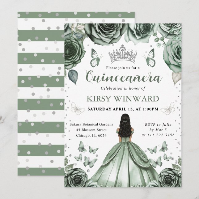Sage Grönt Dress Mörk Skin Princess Quinceanera Inbjudningar (Fram/baksida)
