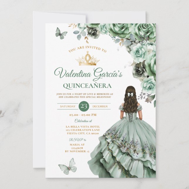 Sage Grönt Dress Quinceañera 15 Anos Flowers Guld Inbjudningar (Framsida)