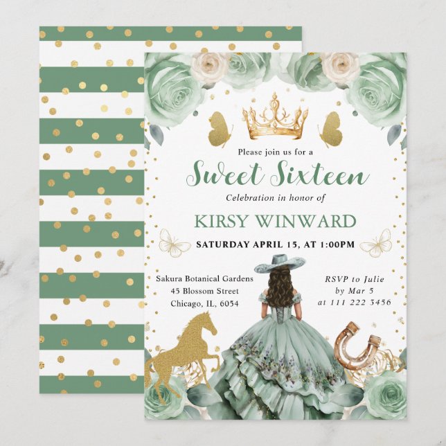 Sage Grönt Dress Western Princess Sweet 16 Inbjudningar (Fram/baksida)