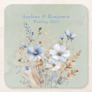 Sage Grönt Dusty Blue Wildblomma Bröllop Underlägg Papper Kvadrat