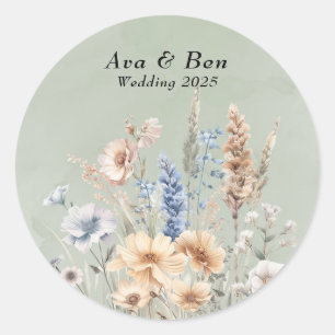 Sage Grönt Dusty Blue Wildblommor Bröllop Runt Klistermärke