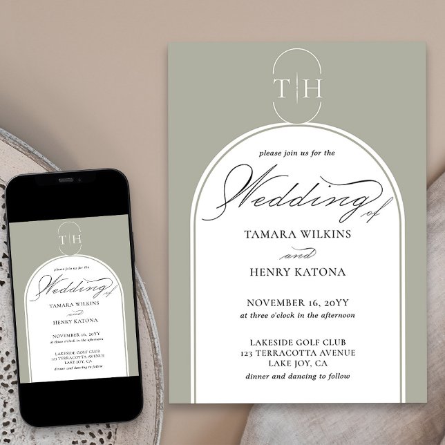 Sage Grönt Elegant Calligraphy Monogrammed Bröllop Inbjudningar (Elegant monogrammed sage green wedding invitation from my Wedding Colors collection)