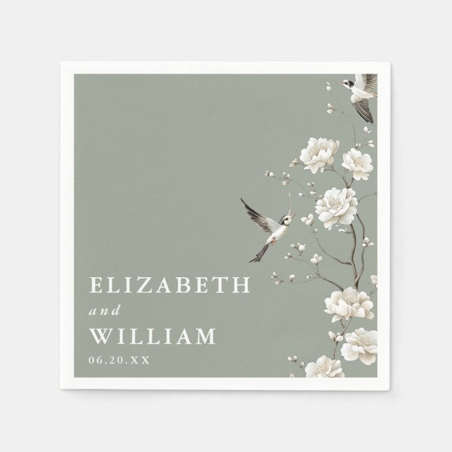 Sage Grönt Elegant Chinoiserie Blommigt Bröllop Pappersservett (Framsidan)