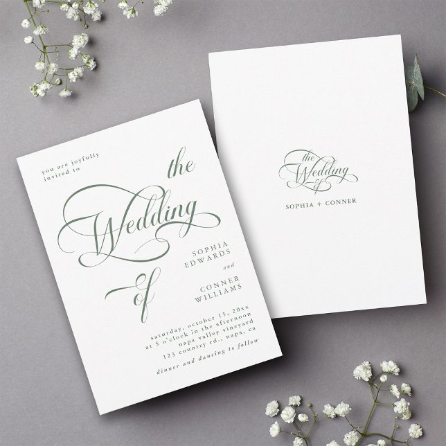 Sage Grönt Elegant Classy Calligraphy Bröllop Inbjudningar (Front & Back)