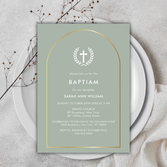 Sage Grönt Elegant Guld Arch Utandning Kor Baptism Inbjudningar (Sage Green Elegant Gold Arch Wreath Cross Baptism Invitation)