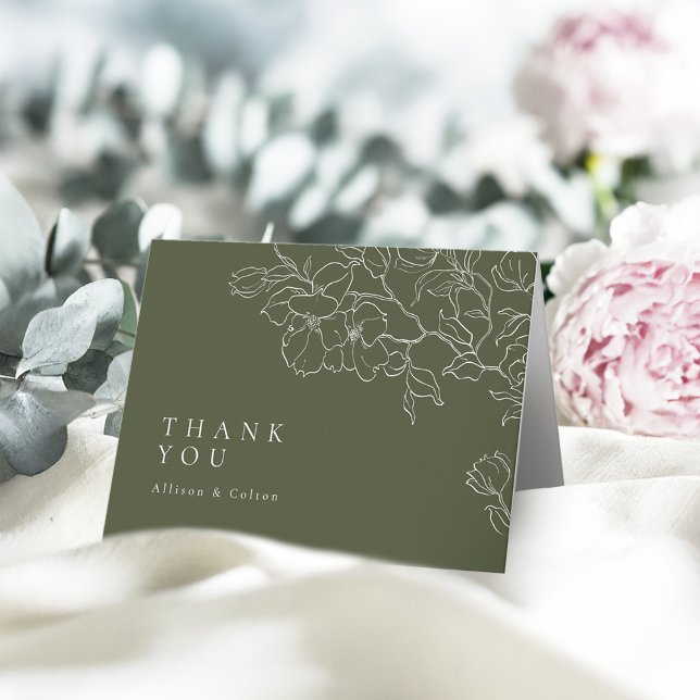 Sage Grönt Elegant hand plockade blommigt bröllop Tack Kort (Sage Green Elegant hand drawn floral wedding Thank You Card)