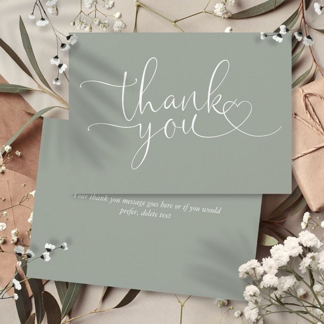 Sage Grönt Elegant Heart-skript Tack Kort (Sage Green Elegant Heart Script Thank You Card)